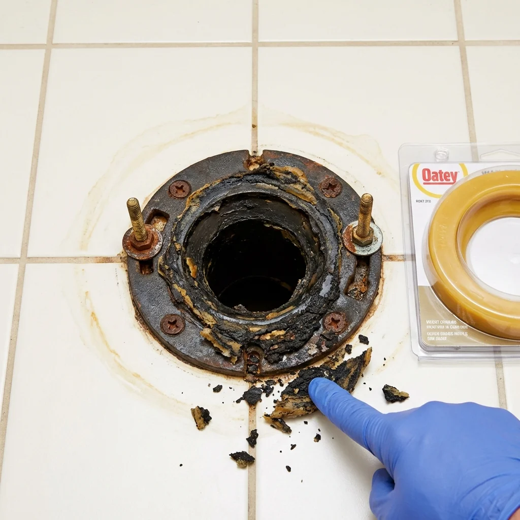 Failed wax ring showing water seepage at the base of a toilet in a Seymour, CT home
