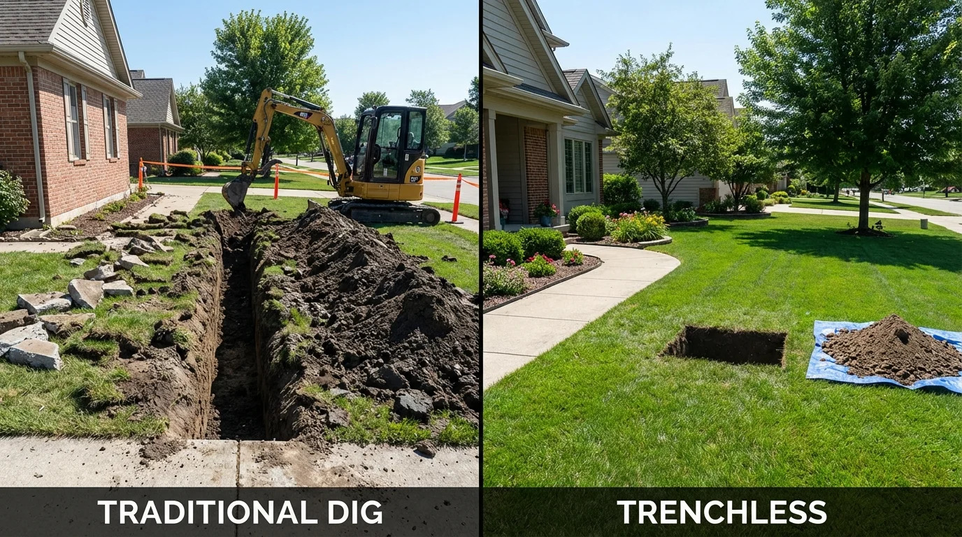 Trenchless sewer repair with minimal yard damage versus traditional excavation in Seymour, CT