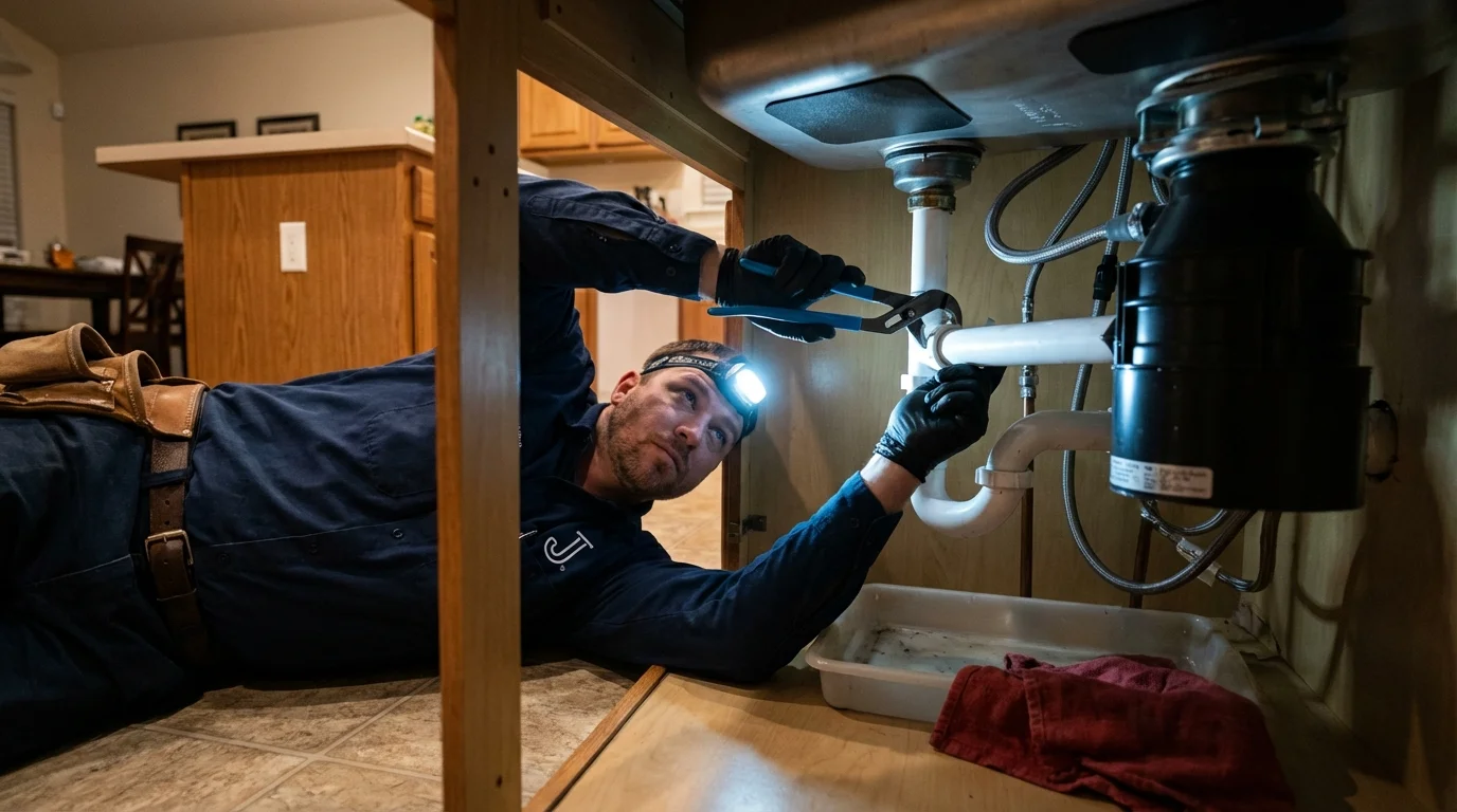 P-trap and supply line connections under a kitchen sink showing a common leak point in Seymour, CT